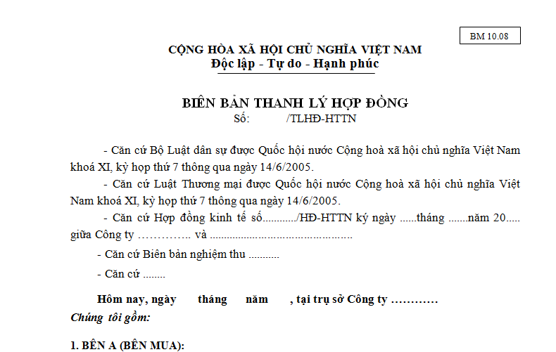 Biên bản thanh lý hợp đồng